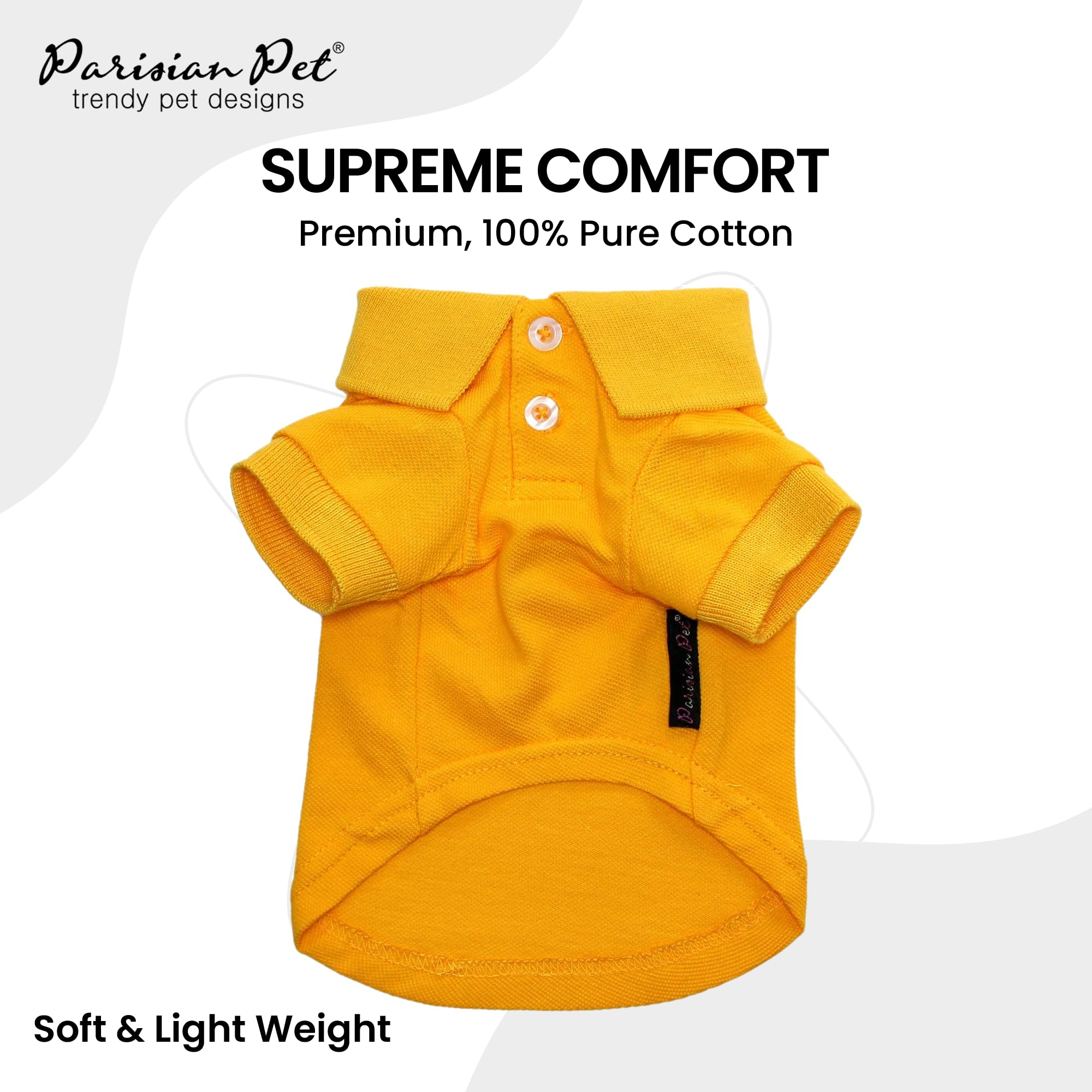 Parisian Pet Dog Polo Shirts - Breathable Dog Cotton Shirt - Solid Yellow Color, Summer Pullover Dog Clothes - Button Up Collar